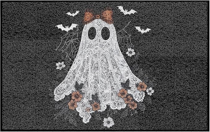 Halloween Ghost Door Mat, Vintage Halloween Ghost Spider Web Bats Doormat Non-Slip for Front Door Porch Indoor Outside Entrance Entryway, Gothic Witchy Floral Welcome Mat, 17x30 Inch