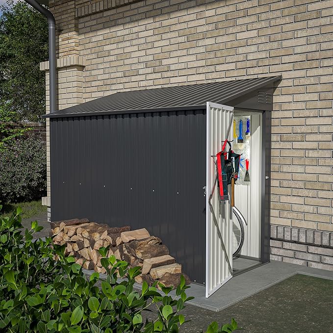 4×8 FT Outdoor Metal Storage Shed,Heavy-Duty Lean to Storage Shed with Floor Base,Garden Tool Metal Storage House W/Lockable Door and 2 Air Vents,Weather Resistant,for Backyard,Patio,Lawn,Black
