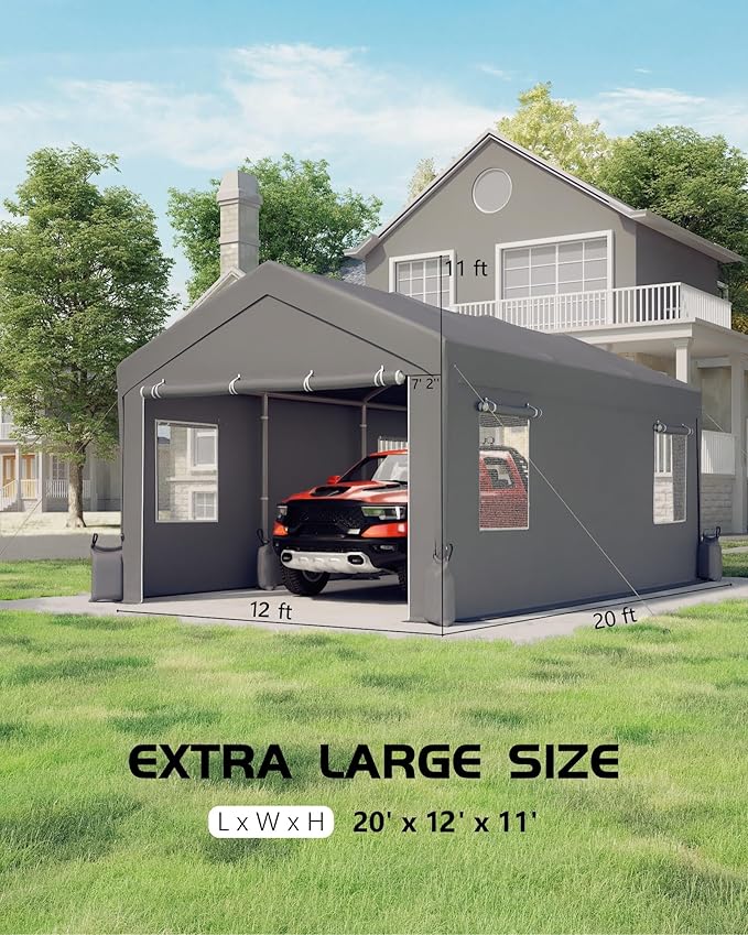 12' x 20' Ft Heavy-Duty Carport, Portable Garage, 180g PE Waterproof Canopy and 8 x 1.0 mm Poles for Full-Size Pickup Trucks, Boats, and SUVs - Gray