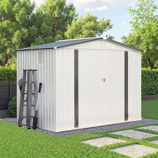 8x6 FT Outdoor Metal Storage Shed, Tool Shed with Peaked Roof and Lockable Door, Compact Garden Shed with Clear Window for Backyard Garden Patio Lawn, White+Gray