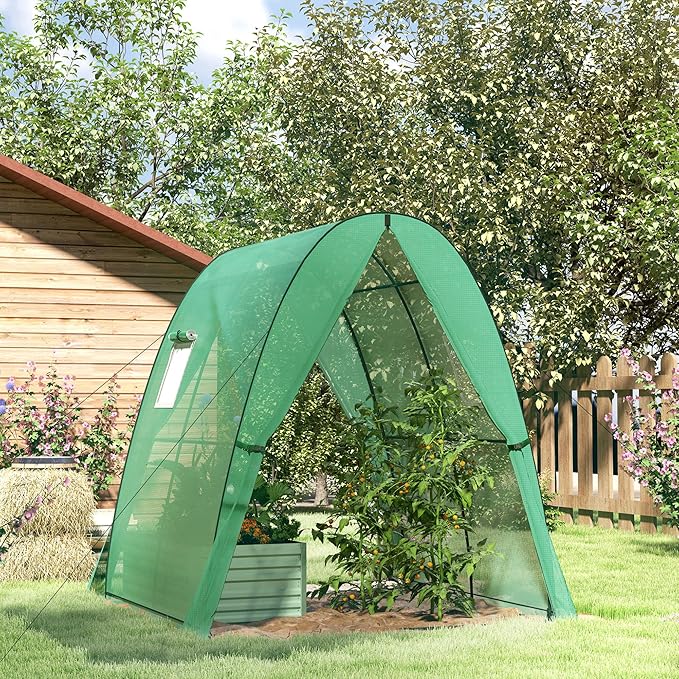 Outsunny 6' x 6' x 6.6' Hoop House Greenhouse with Sandbags and Hemmed PE Cover, Walk-in Tunnel Green House with 2 Doors and Screen Windows, Portable Greenhouse Gardening Plant Hot House, Green