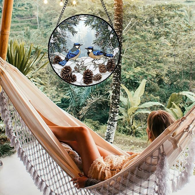 Stained Glass Window Hanging - Blue Bird Winter Forest Landscape Suncatcher for Door Garden Yard Sun Catchers Decor Christmas Mother's Day Birthday Gifts for Women Mom Nana Friend 15 in