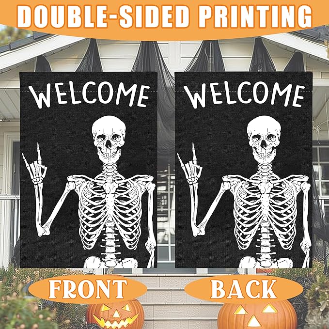 Welcome Halloween Garden Flag for Outside, 12x18 Inch Double Sided Halloween Scary Skeleton Yard Flag, Farmhouse Small Yard Flags for Outdoor Decorations, Holiday Decor Gifts-A07