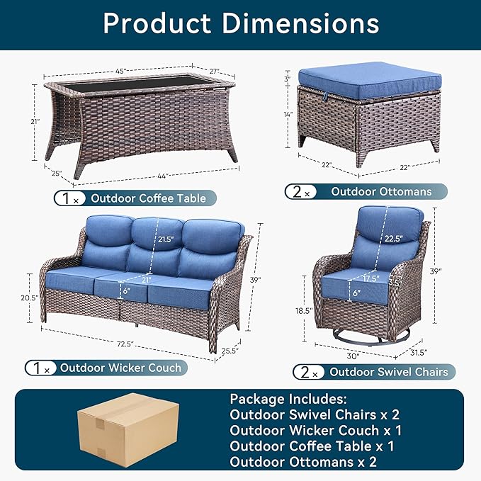 Luxury High Back Outdoor Furniture with 6-Inch Thick Cushions, Patio Furniture Set with Swivel Chairs, 6 PCS Wicker Conversation Set for Porch, Balcony, Deck and Yard