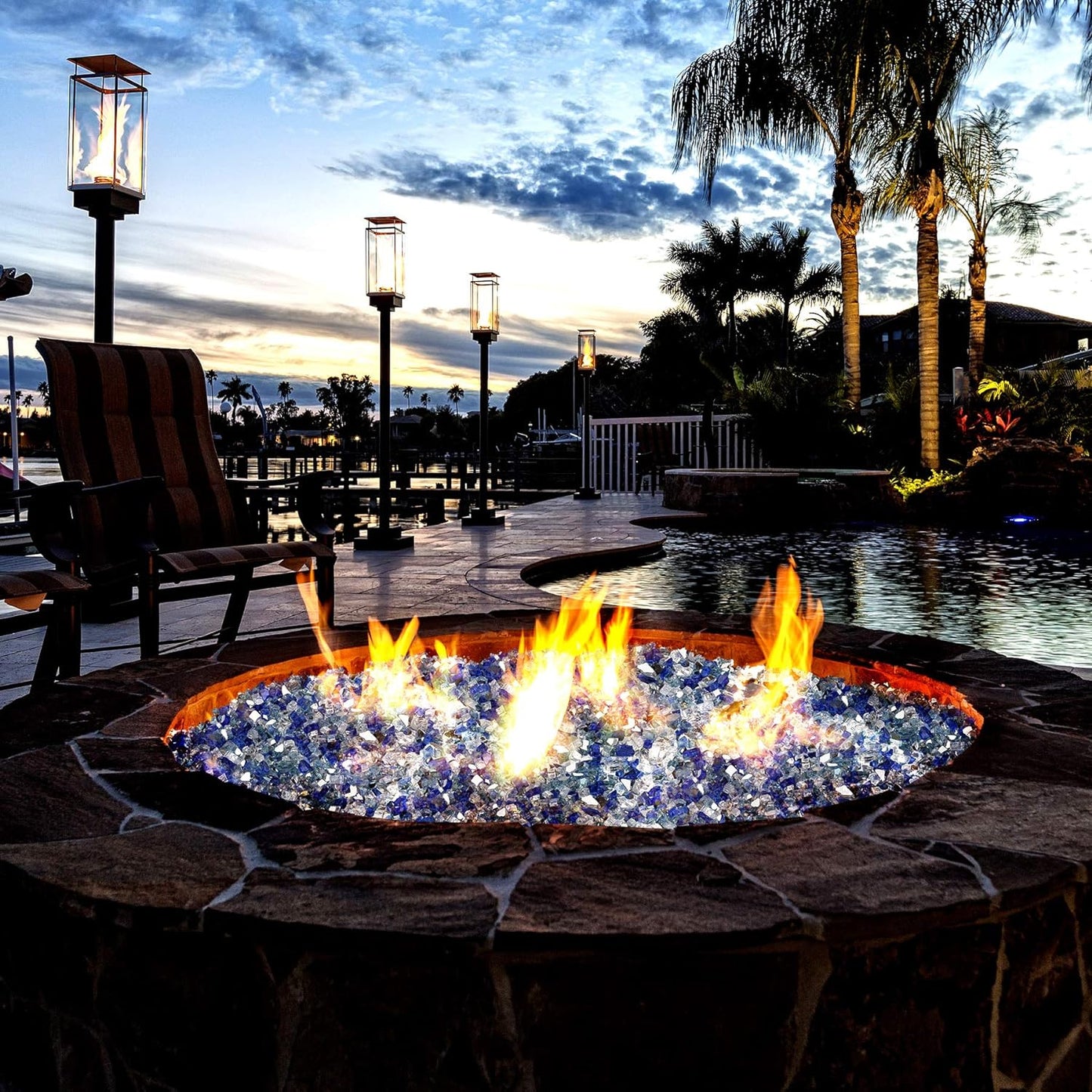 Mr. Fireglass 10 Pounds Blended Fire Glass - 1/2 Inch Mixed Colored High Luster Reflective Tempered Glass Rocks for Fireplace Fire Pit Table Fireplace and Landscaping, Aqua Blue+Cobalt Blue+Platinum