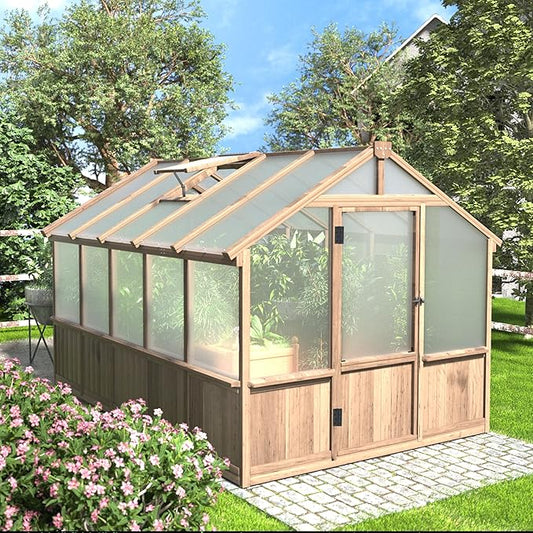 VEIKOU 8x10FT Greenhouses for Outdoors, Walk-in Wooden Greenhouse with Cedar Frame & Adjustable Vent, Garden Green House with 6MM Thick Polycarbonate Panel for Outside, Backyard, Light Brown Mocha