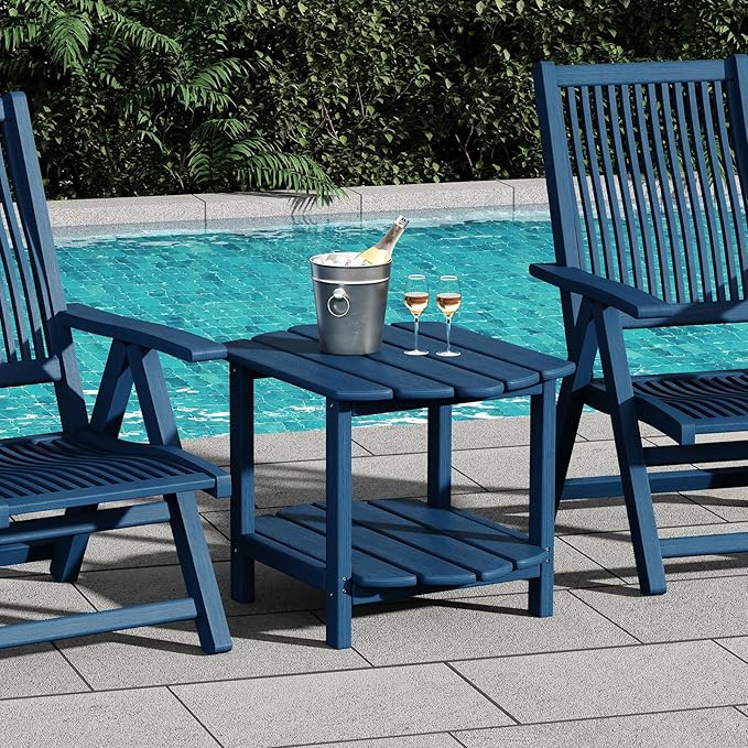 Small Outdoor Side Tables Modern 2-Tier Adirondack Table Rustic End Table HDPE Storage Shelf Industrial Corner Rectangle Coffee Table for Patio Garden Balcony Backyard Pool Farmhouse Home Blue