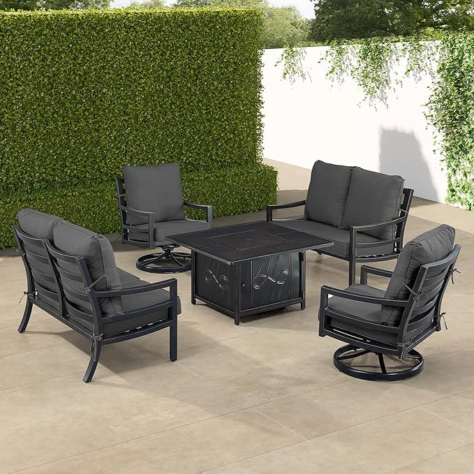 Oakland Living Black Aluminum Patio Fire Table Set with Two Deep Seating Loveseat with Cushions and Two Club Chairs with Black Cushions