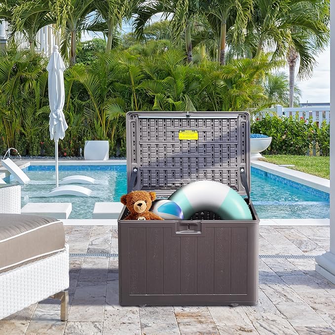 33GAL Brown Blow - Molded Outdoor Deck Box with Lockable Lid - Waterproof, SGS - Certified UV Resistance, Durable Construction for Garden Tool and Pool Accessory Storage, Simple Assembly