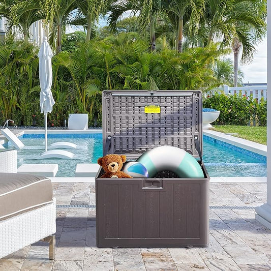 33GAL Brown Blow - Molded Outdoor Deck Box with Lockable Lid - Waterproof, SGS - Certified UV Resistance, Durable Construction for Garden Tool and Pool Accessory Storage, Simple Assembly