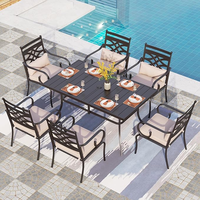 PHI VILLA 7 Pcs Patio Dining Set,Outdoor Table Chair Set for 6 with Outdoor Chairs and Metal Frame Steel Rectangular Table,Outdoor Dining Furniture with Cushion and Pillow for Garden Lawn Deck