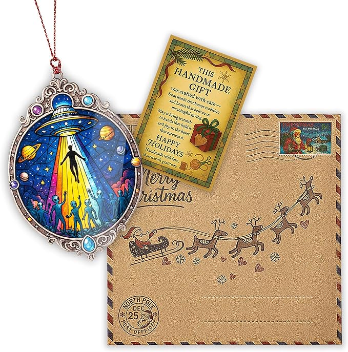 Alien Ornament – UFO Decor | Galaxy Ornament + Sci Fi Keepsake – Space Lover Gift – Alien Christmas Ornament – Suncatcher Effect Window Hanging – Car Hanging Decoration