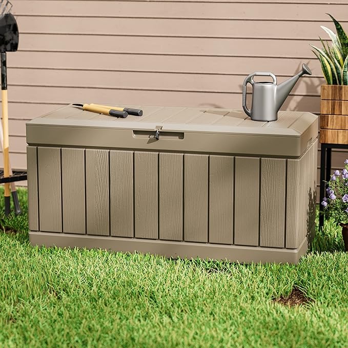 Greesum 82 Gallon Resin Deck Box All Weather Large Outdoor Storage for Patio Furniture, Toys, Garden Tools, Lockable, Light Coffee