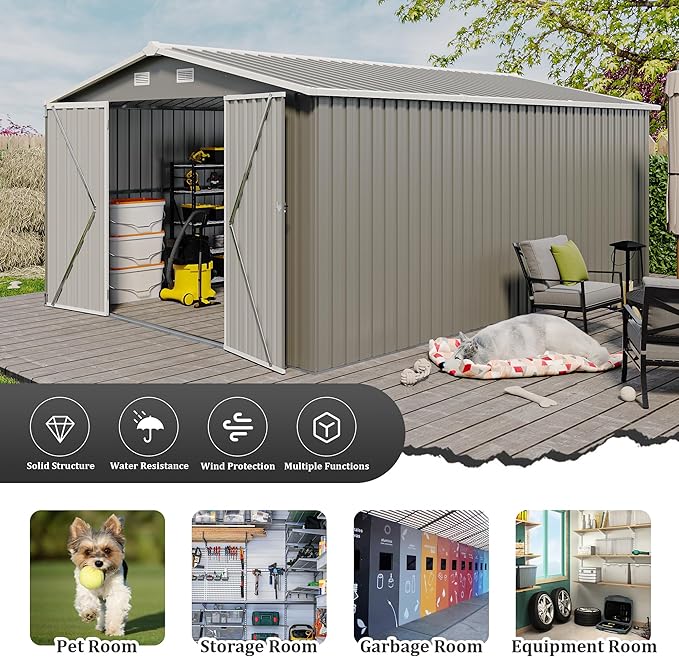 KEIKI 10x 14 FT Metal Storage Shed Outdoor, Large Garden Shed with Roof & Lockable Doors, Utility Tool Sheds Frame & 4 Vents for Patio Backyard Bicycles Storage House, All Weather Use, Light Grey