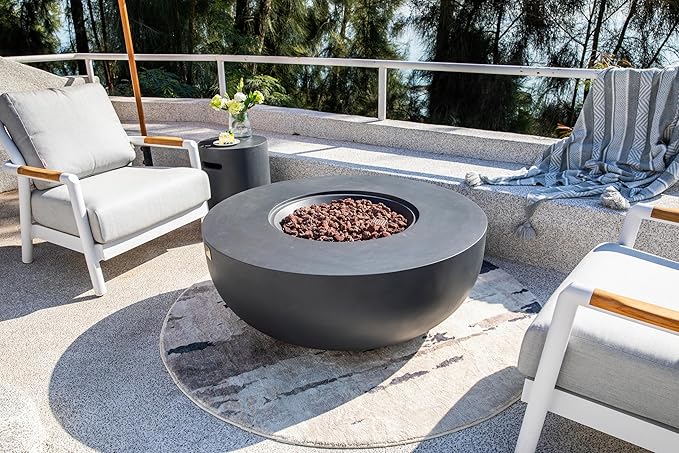 AMS Creations | Eclipse 44" Round Cast Concrete Propane Gas Fire Pit Bowl Table | Dark Gray | Smooth Texture Surface | Electronic Ignition | Outdoor Patio Heater Outside Backyard Fireplace