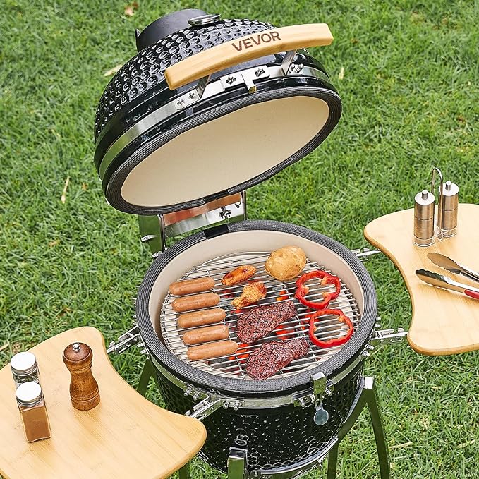 VEVOR Charcoal Smoker and Grill, 18" Kamado Charcoal BBQ Smoker, Movable Ceramic Barbecue Grill with 4 Wheels (2 Lockable), Built-in Thermometer, Air Vents & Side Shelf for Outdoor Patio Yard Cooking