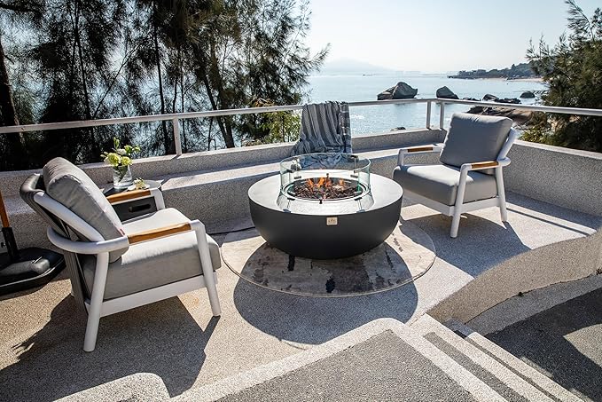 AMS Creations | Eclipse 44" Bundle Round Cast Concrete Natural Gas Fire Pit Bowl Table | Dark Gray | Smooth Texture Surface | Electronic Ignition | Outdoor Patio Heater Outside Backyard Fireplace