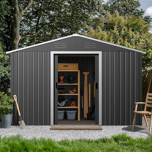 Nuu Garden 8 x 10 FT Outdoor Storage Shed with Sliding Doors, Galvanized Sheet Tool Shed with Sloping Roof, Anti-Corrosion Garden Shed with Air Vents for Backyard Patio Lawn, Black