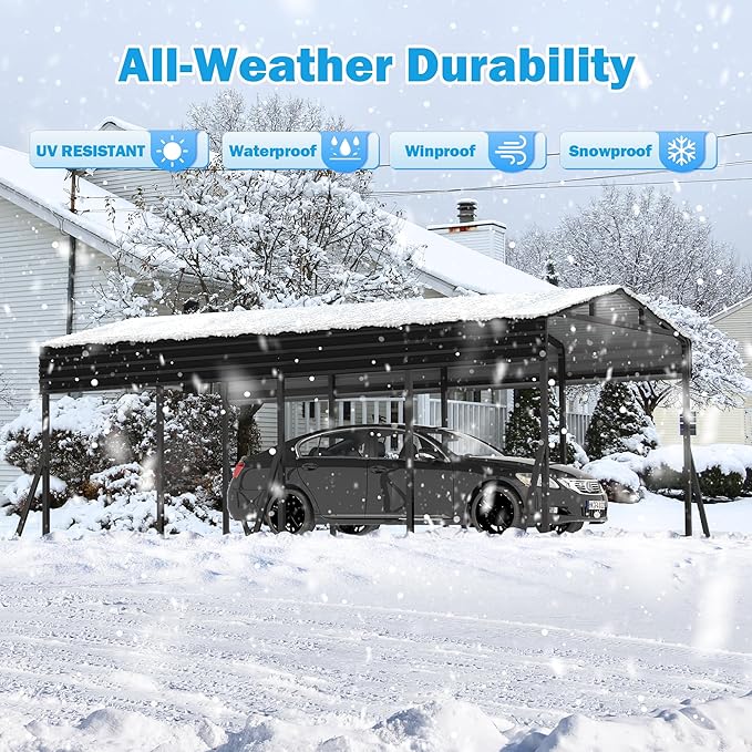 Carport Canopy 12’X20’ Heavy Duty Car Port Galvanized Steel Roof, Reinforced Stable Triangle Frame for Snowy Windy Metal Carports Enhanced Base Car Tent for Car,RV,Pickup,Boat,Truck,Tractor
