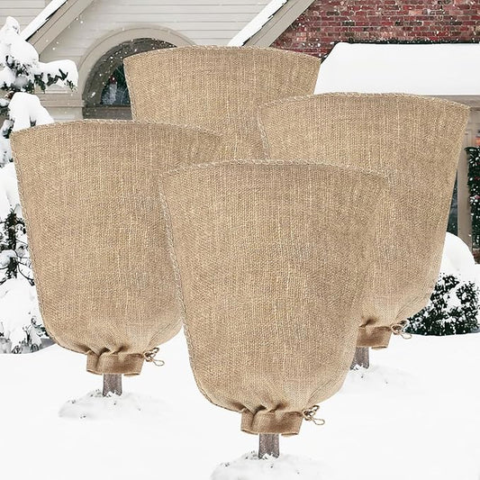 Riare 4 Packs 32 × 40 Inch Burlap Winter Plant Cover Bags with Drawstring- Reusable Large Burlap Sack Plant Frost Protector, Plant Frost Cloth Cold Tree Freeze Blanket for Outdoor Plants Fruit Shrubs
