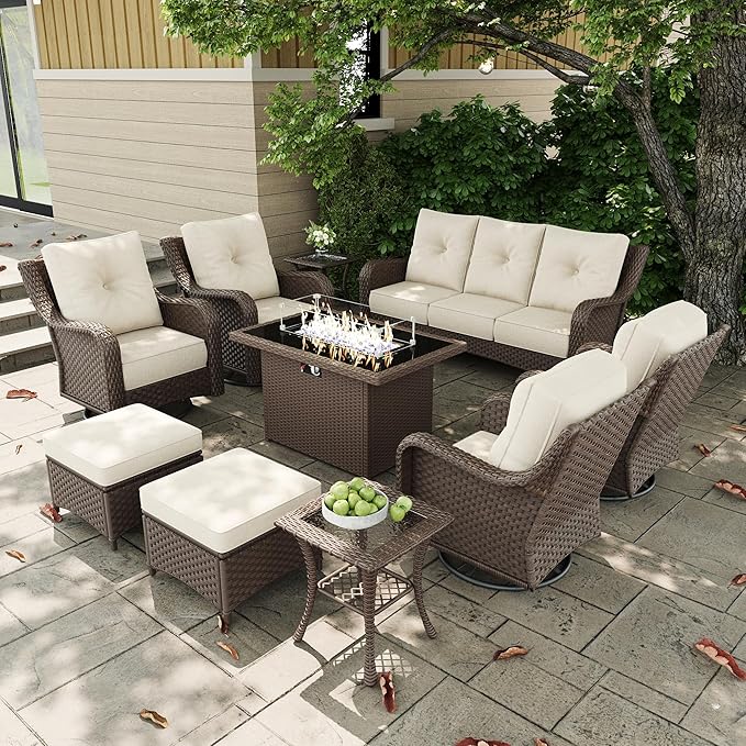 10 Pieces Outdoor Patio Furniture Sets with Rocking Swivel Chairs with 6-inch Thick Cushion and Fire Pit Table for Deck Lawn