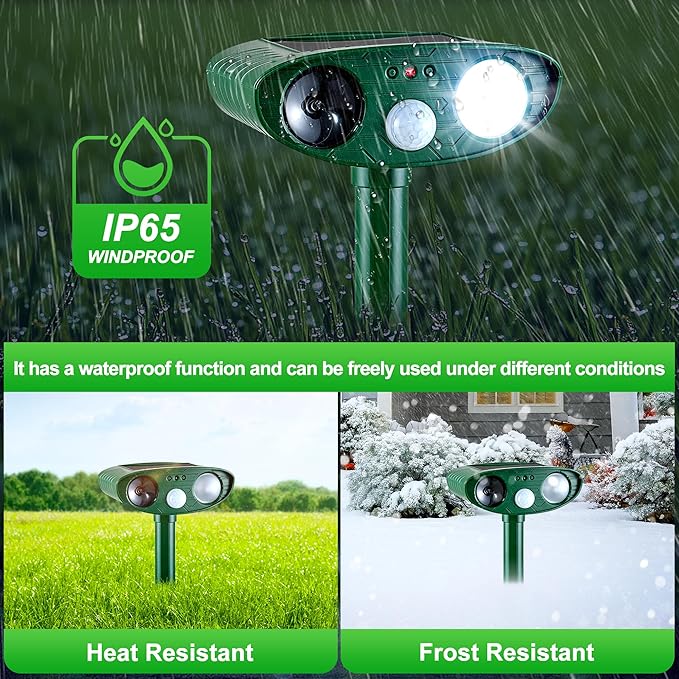 2 Pack Outdoor Solar Animal Repeller - Ultrasonic & Strobe Light, Deterrent for Cats, Dogs, Raccoons, Rabbits, Skunks, Foxes & More