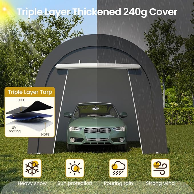 Wisteria Lane Domed Carport, Portable Garage with 2 Roll up Doors, Heavy Duty Car Canopy Party Tent, All-Season Storage Shelter Shed Carport for Motorcycle, Boat, Truck, or Garden Tools, 10' x 15'