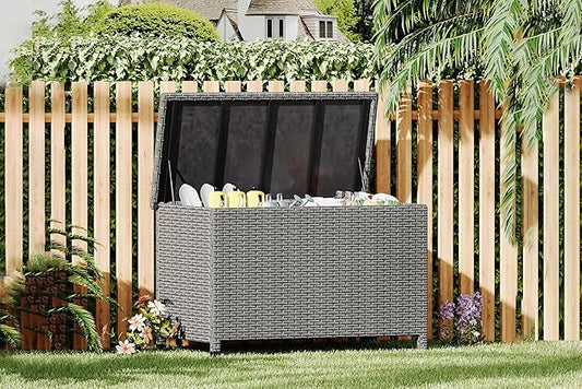 GarveeHome 150 Gallon Large Deck Box, Built-In Handles Patio Storage Box for Storage With Wheels, Rattan Waterproof Outdoor Bins for Cushions, Patio Furniture, Garden Tools(Grey)
