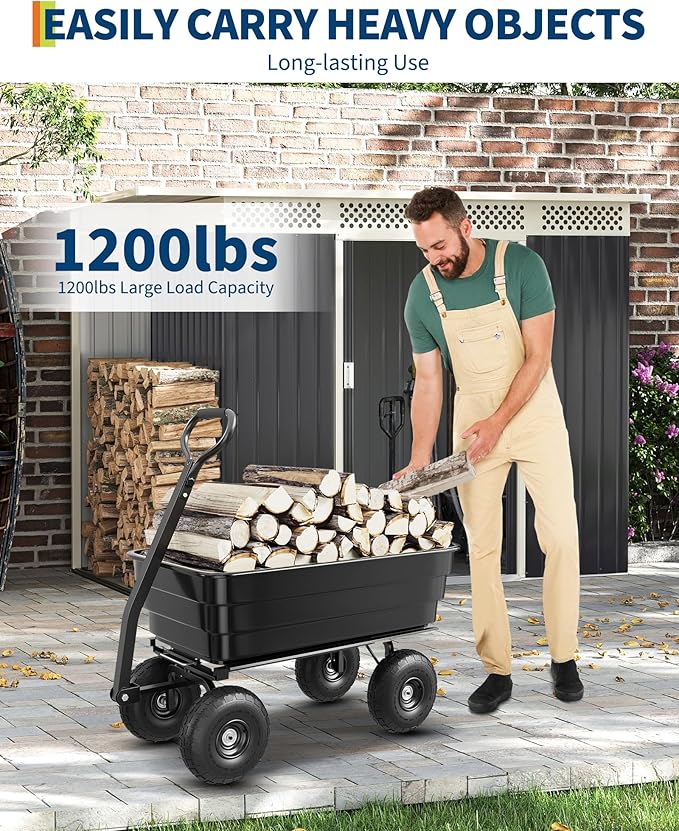 Poly Dump Cart - Heavy Duty 1200lbs Garden Cart with Quick-Release Dumping & No-Flat 13" Tires, Utility Wagon for Yard Work, Landscaping, Gardening