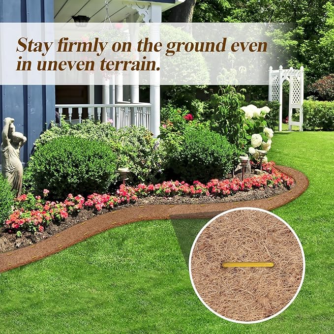 Natural Mulch Roll for Landscaping 240" X 6.3" Coconut Fiber Liner Mulch Mat with 32 U-Shaped Steel Stakes, Thick Mulch Roll for Garden Edging Border, Coconut Liners for Planters, Vegetables & Flowers