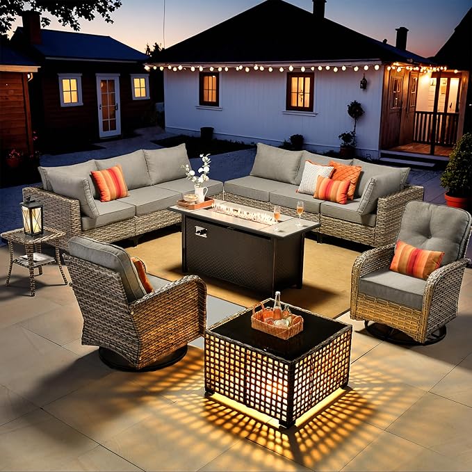 HOOOWOOO Outdoor Patio Furniture Set with Fire Pit Table,11 Pieces Wicker Out Door Sectional Furniture L Shaped Couch,Outside Patio Conversation Sets Swivel Chair,Charcoal Gray