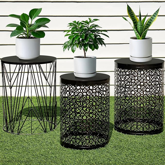 Y&M Set of 3 Stacking Coffee Table Side Table, for Living Room,Indoor End Tables for Bedroom, Outdoor Decorative Garden Stool with Heavy Duty Metal Frame Modern Industrial Decor - Black with Bronze