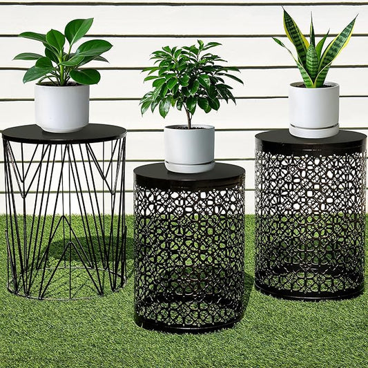 Y&M Set of 3 Stacking Coffee Table Side Table, for Living Room,Indoor End Tables for Bedroom, Outdoor Decorative Garden Stool with Heavy Duty Metal Frame Modern Industrial Decor - Black with Bronze