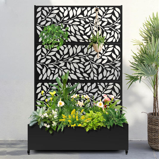 FENCY Metal Raised Garden Bed with Wheels and Trellis,73"x47"x16" Planter Box for Climbing Plants, Vegetables & Vines, Features Privacy Screen and Drainage Holes (Black-Leaf-2)