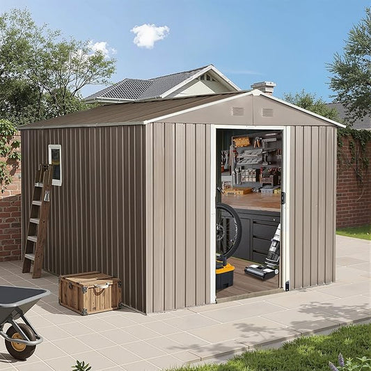 Sheds & Outdoor Storage 8ft x 10ft Metal Storage Shed with Metal Foundation, Window,Gloves, Anchors, Tools Garden Tool Storage Cabinet for Backyard, Patio, Poolside, Gray