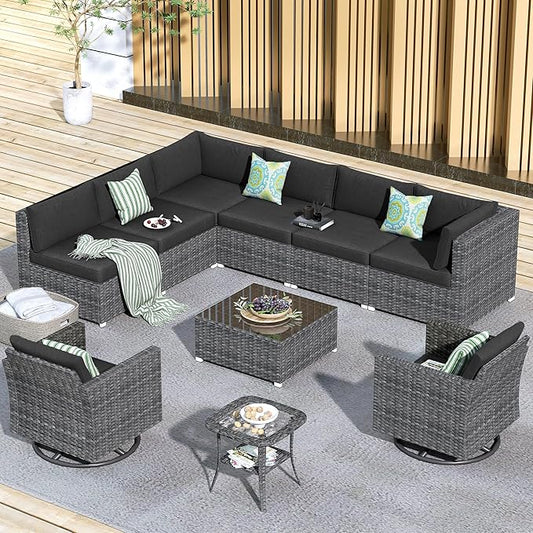 HOOOWOOO 10 Piece Patio Sectional Furniture Set with Swivel Rocking Chairs,Modern Wicker Outdoor Conversation Sofa Sets,Weather Resistant Modular L Shaped Outside Couch Set(Black)