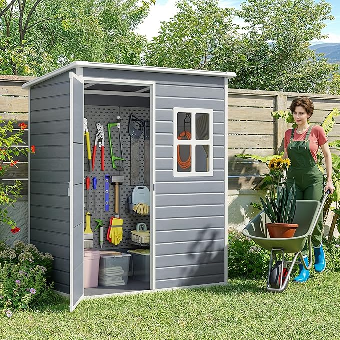 Gizoon 5x3 FT Outdoor Storage Shed with Lockable Door, Resin Weatherproof Plastic Garden Shed with Floor & Ventilation, Backyard Shed for Patio, Lawn Tools, Bike, and Toys