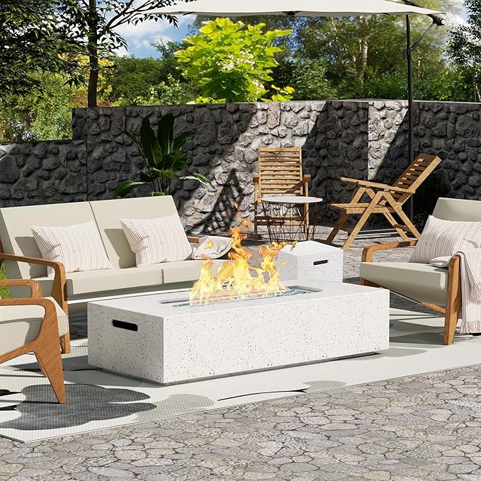 NAGA HABNA 56 Inch Propane Fire Pit Table, Rectangle Outdoor Fire Table w Tank Table (50,000 BTU), 2 Piece Gas Fire Pit w Blue Fire Glass for Garden, Pool, Backyard