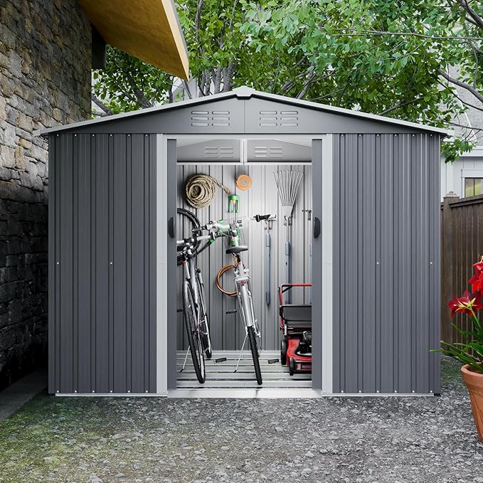 Outdoor Storage Shed, 8x6 FT Galvanized Steel Metal Shed, Lockable Waterproof Tool Storage Sheds for Garden, Patio, Lawn – Durable Storage Solution in Multiple Sizes