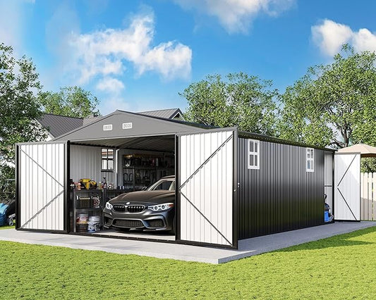 AMERLIFE 10x21x7.3 FT Outdoor Metal Garage Shed, Extra Large Storage Shed with Double Hinged Doors, 4 Windows, Carport for Car, Midsize SUV and Lawn Equipment, Dark Gray