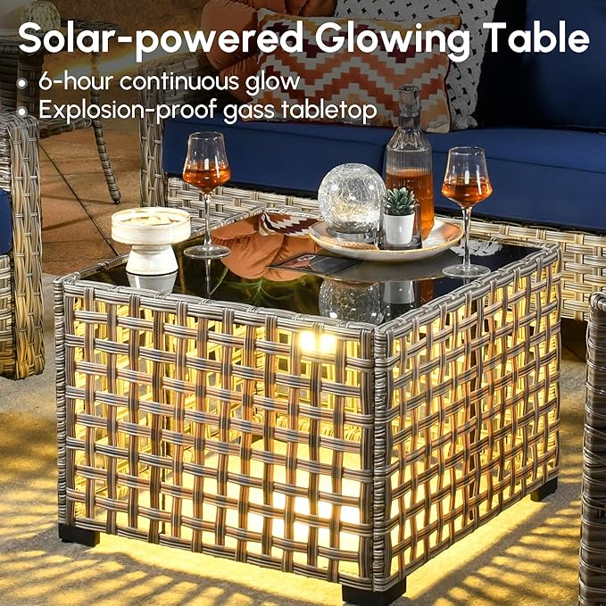 5 Pieces Patio Outdoor Furniture Set with Swivel Rocking Chairs,All Weather Wicker Rattan Patio Seating Sofa and Chair Set w/Glowing Table,Outdoor Conversation Sets for Deck Yard Garden,Navy Blue