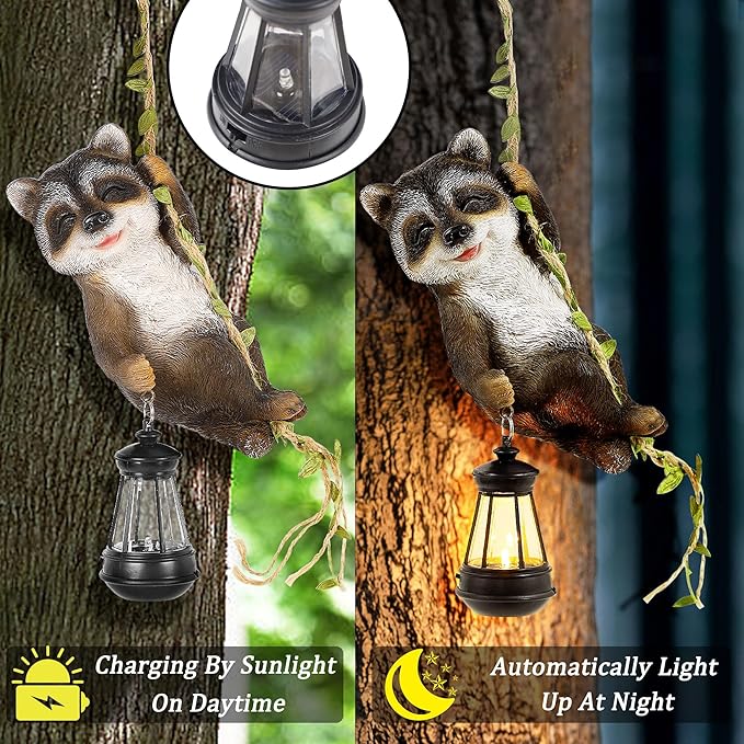 Joliyoou 1 Pack Solar Light Outdoor Statues, 6.5"H Resin Raccoon Climbing On A 23.6"L Vine with LED Lantern, Waterproof Hanging Animal Figurine with Hook for Yard Garden Wall Balcony Tree Decoration