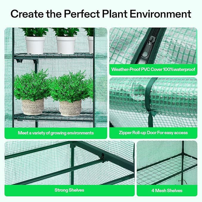 VIVOSUN Mini 4-Tier Greenhouse with Wheels, 27 x 19 x 63-Inch Reusable Portable Warm House with Green PE Cover and Shelf for Compact Garden and Small Backyards, with Wheels