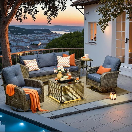 HOOOWOOO Outdoor Patio Furniture Set,5 Pieces Wicker Conversation Set,All Weather Couch Set with Swivel Chairs Solar Light Table 5 Seaters for Out Door Yard(Denim Blue)