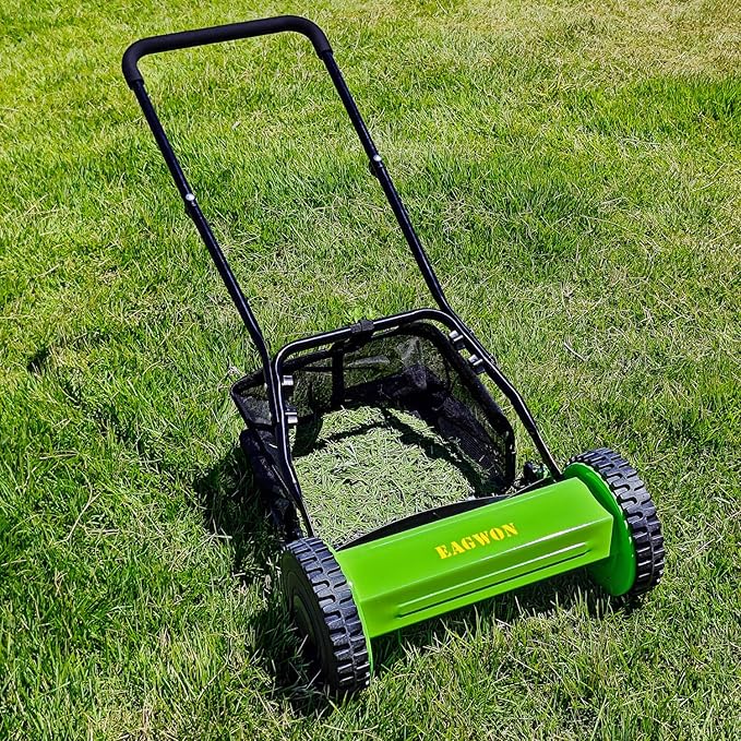 14-Inch 5-Blade Manual Push Reel Lawn Mower Cordless, with Removable Grass Catcher Bag & Adjustable Cutting Height, for Yard & Garden Grass Cutting