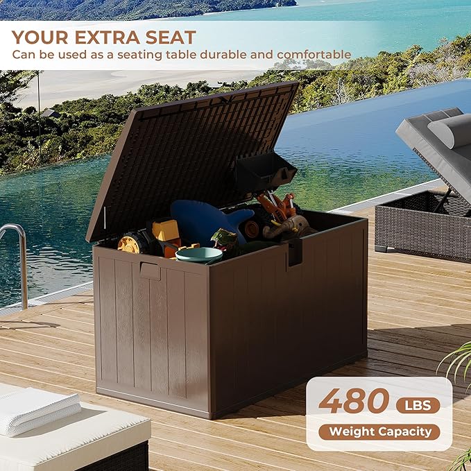 130Gallon Brown Resin Deck Box, Outdoor Storage Box Waterproof Lockable, Patio Deck Box For Package Delivery, Outside Storage Box Container for Furniture Cushions, Garden Tools, Pool Accessories