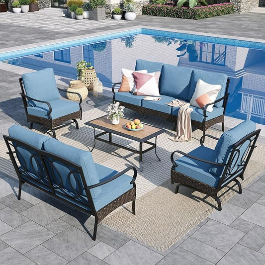 Sophia & William Patio Furniture Set, 5 Piece Metal Outdoor Conversation Set with 3-Seater Outdoor Couch, 2 Sofa Chairs, 1 Loveseat,1 Coffee Table for Outdoor Seating, Backyard, Porch(Navy)