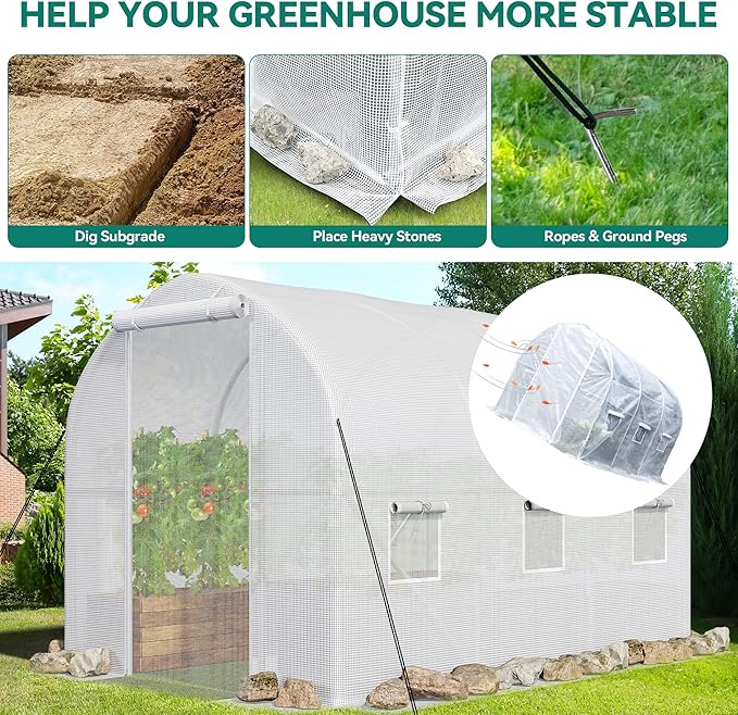 YITAHOME 10x6.5x6.5ft Greenhouses Large Walk-in Green House Heavy Duty Tunnel Green Houses Outdoor Portable Plant Gardening Upgraded Galvanized Steel Frame Zipper Doors 5 Crossbars Garden, White