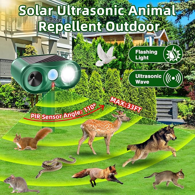 4Pack Solar Ultrasonic Animal Repellent,2025 Waterproof Deer Repellent Device with LED Flashing Lights,Cat Repellent Outdoor with Motion Detection Squirrel Skunk Rabbit Dog Raccoon Repeller for Yard