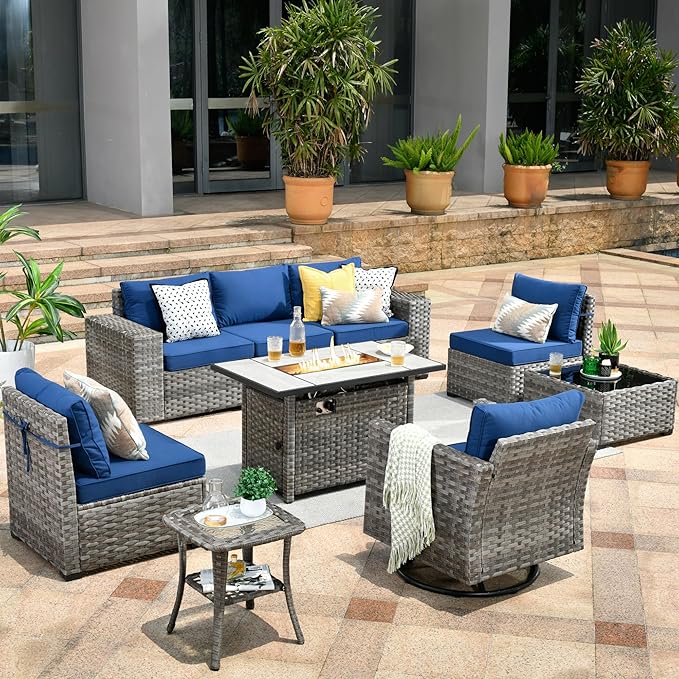 HOOOWOOO 9 Piece Modular Patio Outdoor Sectional Furniture Set with Large Propane Fire Pit Table,Wicker Conversation Sofa Set with Swivel Chairs,Outside Couch Set(Navy Blue)